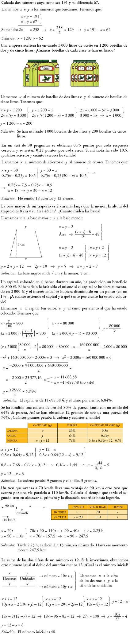 Matemáticas. Piensa y resuelve. Problemas resueltos 3ºESO de sistemas de ecuaciones